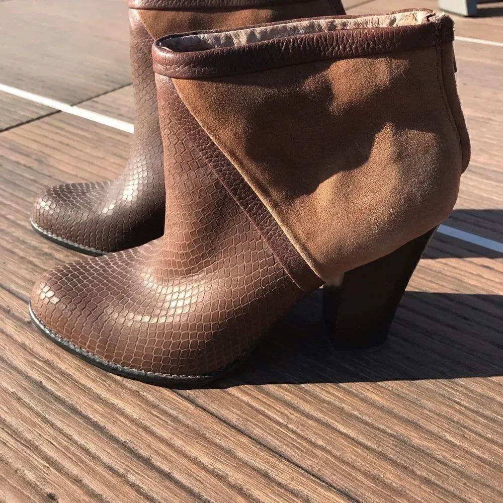 FOSSIL Brown Suede and Leather Snake Embossed Heeled Ankle Boot